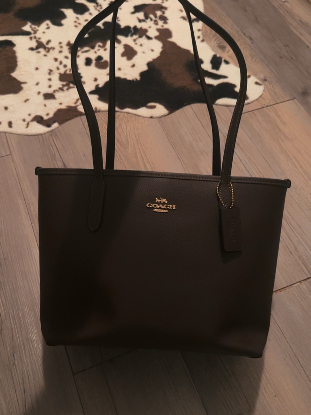 Coach Dark Brown Leather Tote with Gold Logo Accent